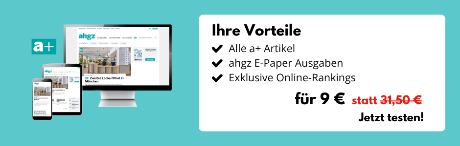 Türkiser Hintergrund, Desktop-Bildschirm, Tablet und Smartphone mit der Website ahgz.de, daneben eine Infobox: Ihre Vorteile: Alle a+ Artikel, ahgz E-Paper-Ausgaben, Exklusive Online-Rankings für 9 € statt 31,50 € - Jetzt testen!