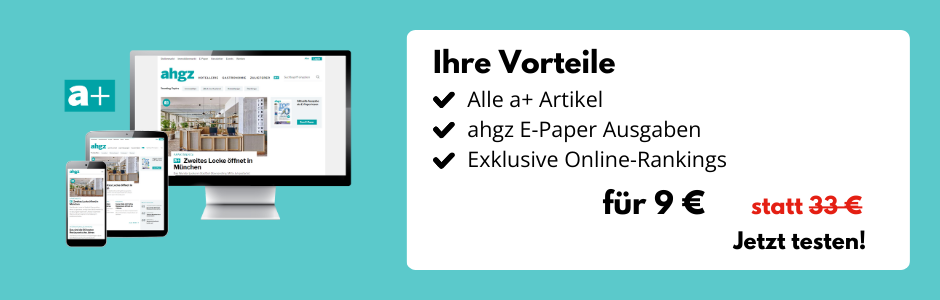 Türkiser Hintergrund, Desktop-Bildschirm, Tablet und Smartphone mit der Website ahgz.de, daneben eine Infobox: Ihre Vorteile: Alle a+ Artikel, ahgz E-Paper-Ausgaben, Exklusive Online-Rankings für 9 € statt 33 € - Jetzt testen!