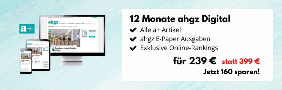 Türkiser Hintergrund, Desktop-Bildschirm, Tablet und Smartphone mit der Website ahgz.de, daneben eine Infobox: 12 Monate ahgz Digital: Alle a+ Artikel, ahgz E-Paper-Ausgaben, Exklusive Online-Rankings für 239 € statt 399 € - Jetzt 160 € sparen!