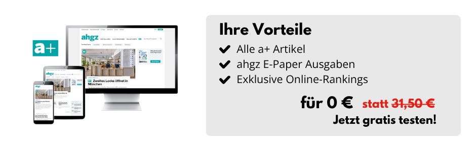 Desktop-Bildschirm, Tablet und Smartphone mit der Website ahgz.de, daneben eine Infobox: Ihre Vorteile: Alle a+ Artikel, ahgz E-Paper-Ausgaben, Exklusive Online-Rankings für 0 € statt 31,50 € - Jetzt gratis testen!