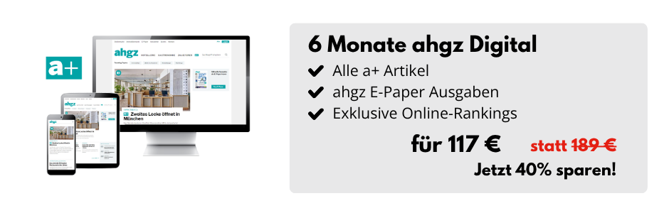 Desktop-Bildschirm, Tablet und Smartphone mit der Website ahgz.de, daneben eine Infobox: 6 Monate ahgz Digital: Alle a+ Artikel, ahgz E-Paper-Ausgaben, Exklusive Online-Rankings für 117 € statt 189 € - Jetzt 40% sparen!