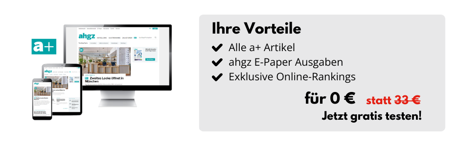 Desktop-Bildschirm, Tablet und Smartphone mit der Website ahgz.de, daneben eine Infobox: Ihre Vorteile: Alle a+ Artikel, ahgz E-Paper-Ausgaben, Exklusive Online-Rankings für 0 € statt 33 € - Jetzt gratis testen!