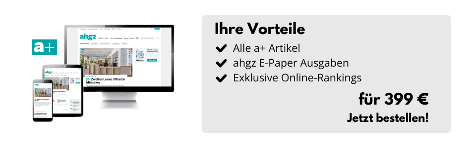 Desktop-Bildschirm, Tablet und Smartphone mit der Website ahgz.de, daneben eine Infobox: Ihre Vorteile: Alle a+ Artikel, ahgz E-Paper-Ausgaben, Exklusive Online-Rankings für 399 € - Jetzt bestellen!