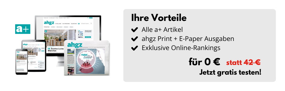 Desktop-Bildschirm, Tablet und Smartphone mit der Website ahgz.de sowie eine ahgz Print-Ausgabe, daneben eine Infobox: Ihre Vorteile: Alle a+ Artikel, ahgz Print und E-Paper-Ausgaben, Exklusive Online-Rankings für 0 € statt 42 € - Jetzt gratis testen!