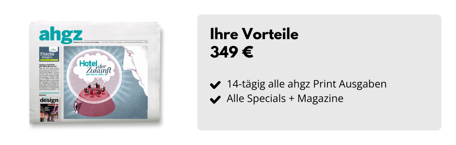ahgz Print-Ausgabe, daneben eine Infobox: Ihre Vorteile, 349 €, 14-tägig alle ahgz Print-Ausgaben, Alle Specials und Magazine